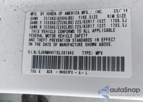 2014 Honda Cr-V Ex-L z USA, uszkodzony, nr VIN 5J6RM4H71EL081840
